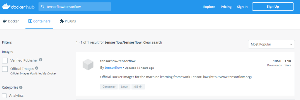 Docker Hubで「tensorflow/tensorflow」を検索した結果